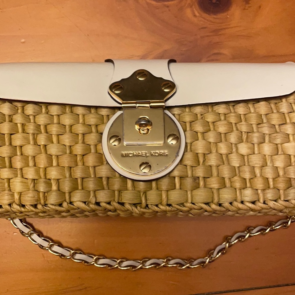 Straw Michael kors shoulder purse white leather and gold accent